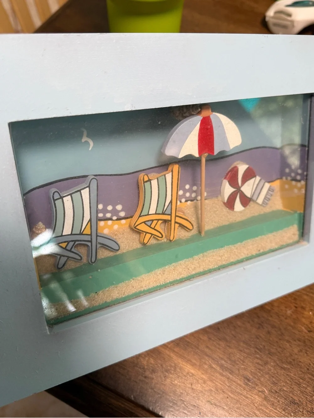 Source Unknown Light Blue Coastal Shadow Box Pair with Multi-Color Umbrella